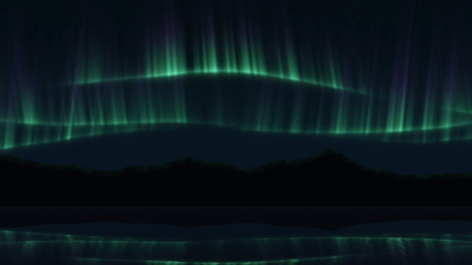 Aurora in green: a near-black sky with green rays rising from two bright, wavering hems, dark mountain silhouettes across the lower third, and the curtains and a faint shoreline mirrored in a still lake at the bottom.
