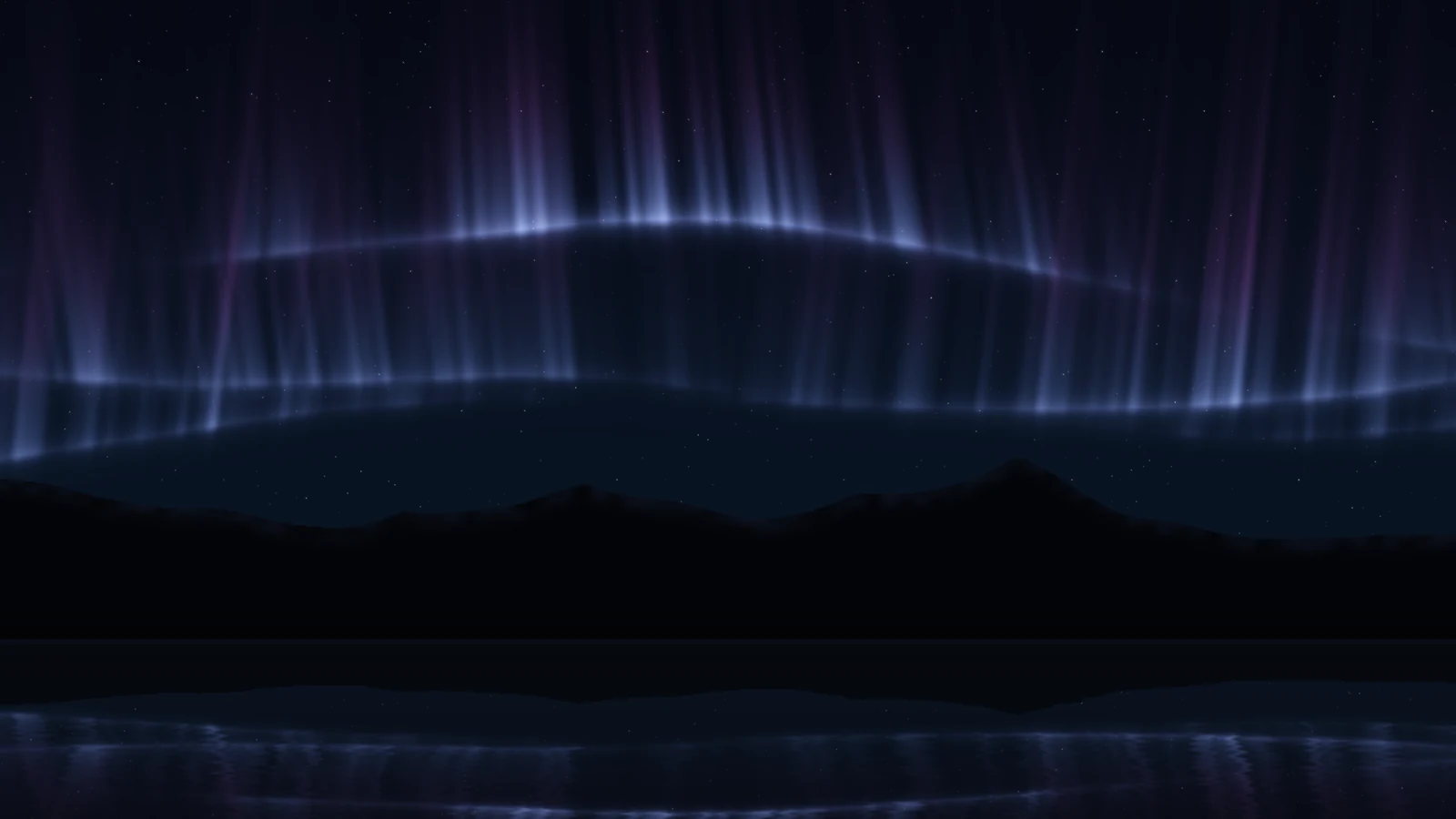 Aurora in violet: the same composition in blue-lilac, pale periwinkle rays with faint purple at their edges over the dark peaks, reflected in the lake below.