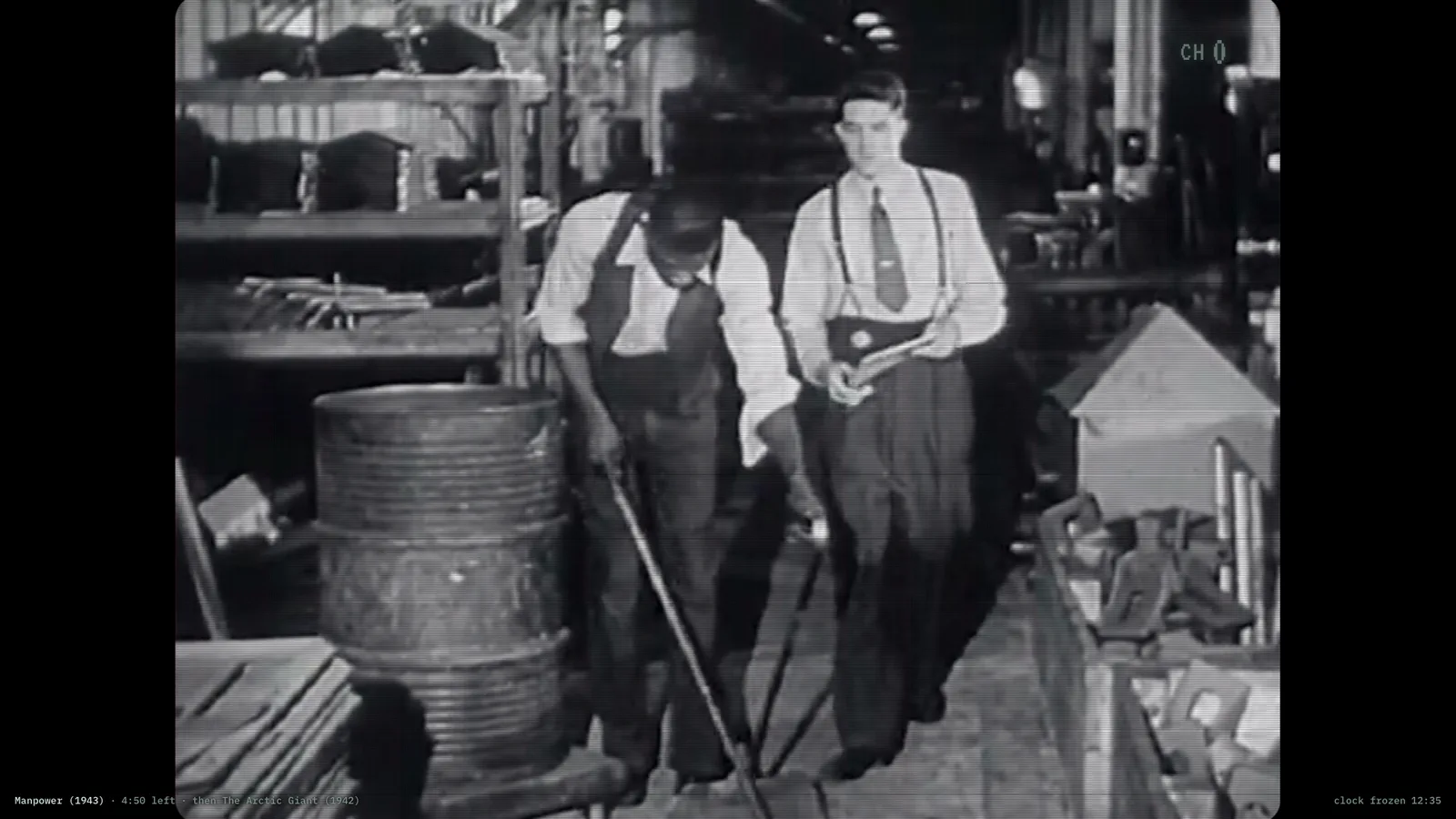 Channel Zero program panel: a black-and-white 1940s industrial film playing with CRT scanlines, a channel indicator, and an on-screen program lower third.