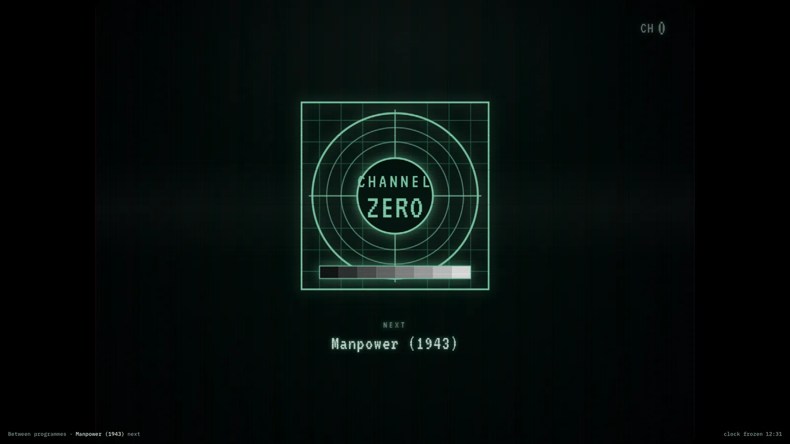 Channel Zero test-card ident: a phosphor-green Channel Zero bullseye graphic shown between programs with the next film's title.