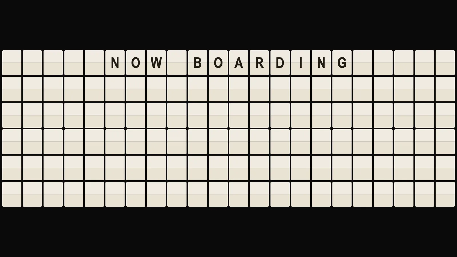 Departures in the cream theme: cream-coloured split-flap cells with black letters, the text centred on the board.