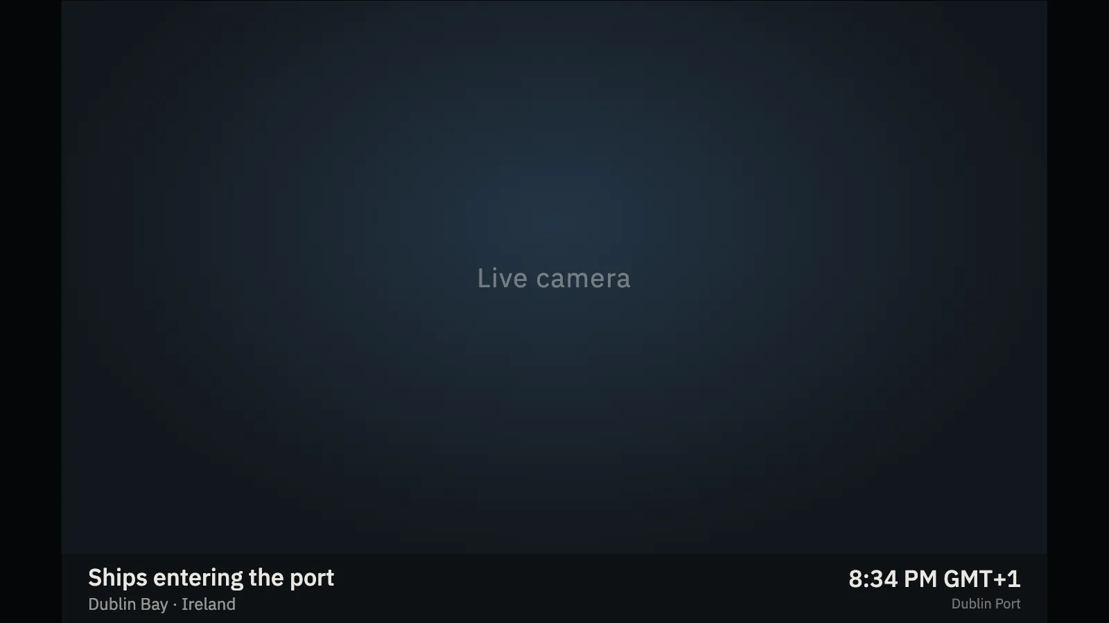 Elsewhere, places topic: a dark placeholder frame reading Live camera, with the caption band beneath it naming Ships entering the port, Dublin Bay, Ireland, the local time 8:34 PM GMT+1 and the owner, Dublin Port. The gallery image is a mock frame, not a capture of live video.