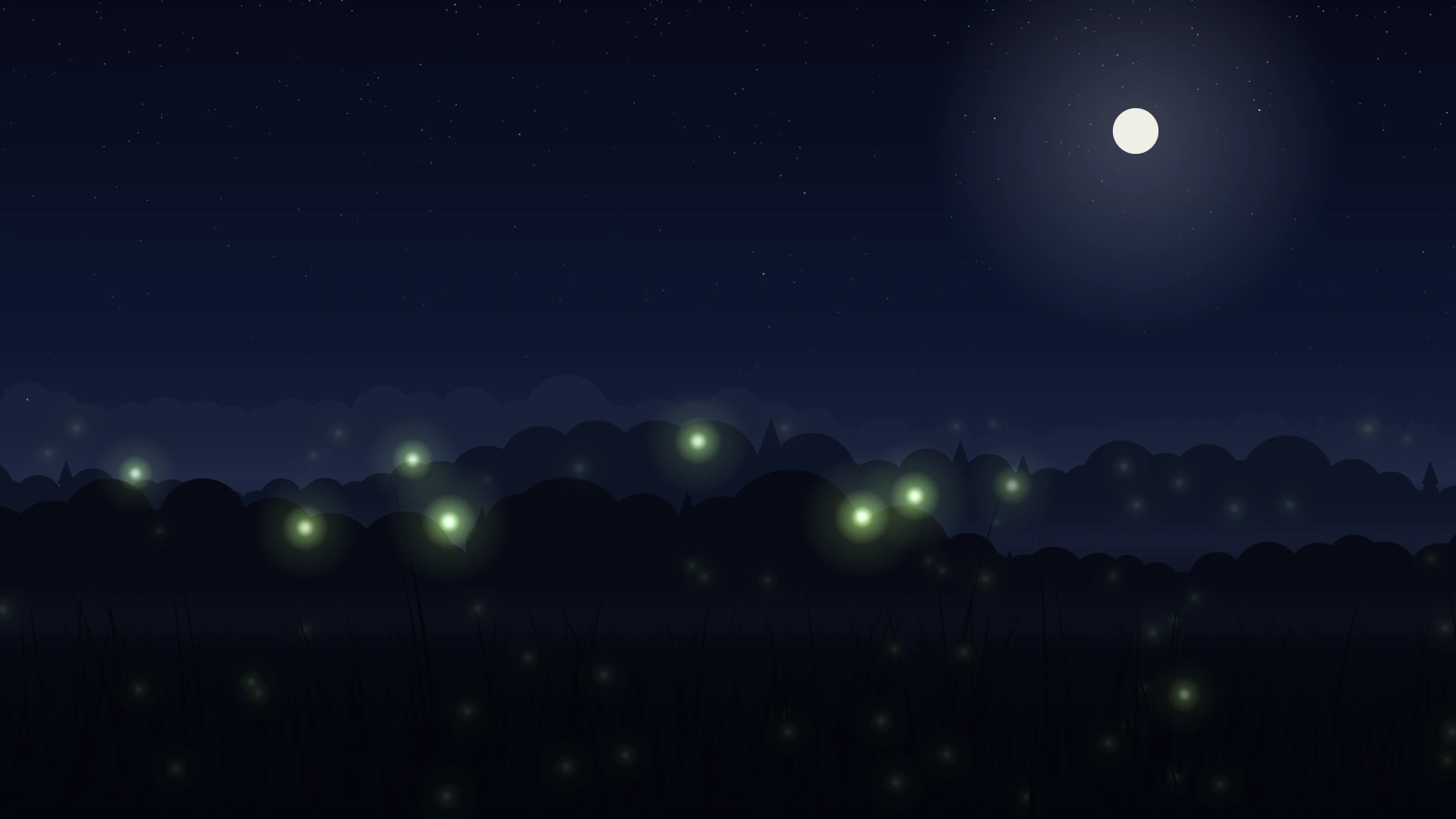 Fireflies at night: a near-black blue sky with faint stars and a bright full moon in a wide halo, dark tree lines, and green-glowing fireflies, a few bright and most faint, drifting above the meadow.