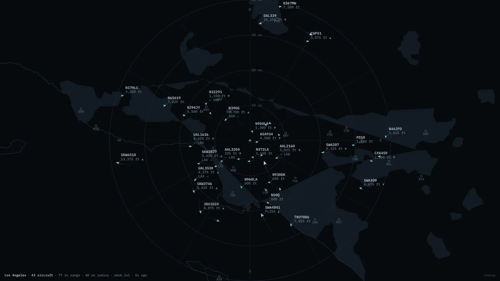 Flights Overhead map panel: a dark minimal map with aircraft as small labeled icons showing callsign, altitude, and origin-to-destination route lines.