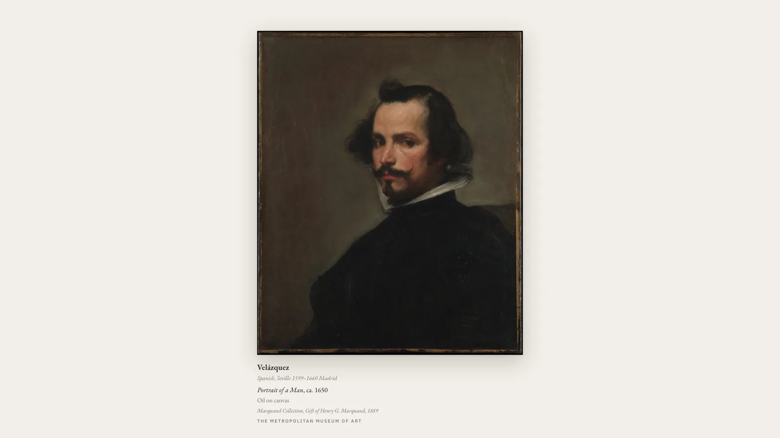 Gallery Frame portrait panel: Velázquez's Portrait of a Man, framed and placarded in portrait orientation.