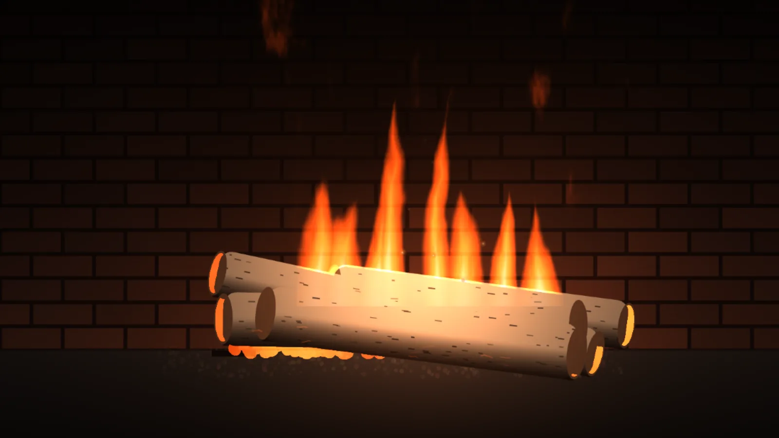 Hearth with birch logs: pale cream logs with short dark papery marks stacked before the same brick wall, lit golden along their upper sides by the flames rising behind them.