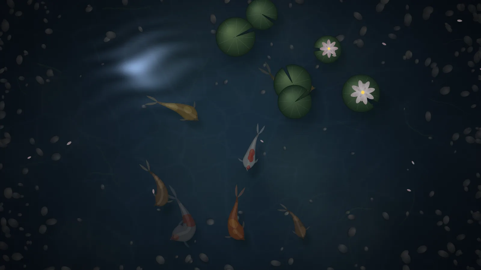 Koi at night: the pond in deep blue-black, the fish faint shapes beneath the surface, a soft patch of moonlight glinting on the water at upper left, and blossoms still pale on their lily pads.