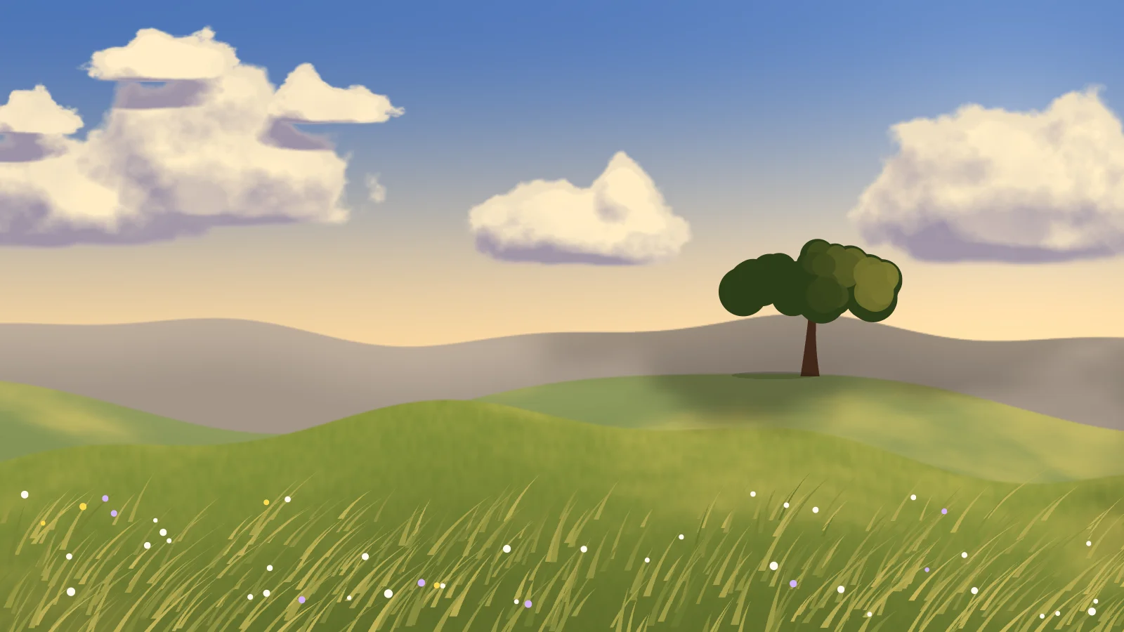 Meadow in golden light: a peach-and-cream sky behind cream clouds with violet undersides, olive and gold grass on the hills, the same lone tree on the ridge, and a cloud shadow darkening part of the far hill.