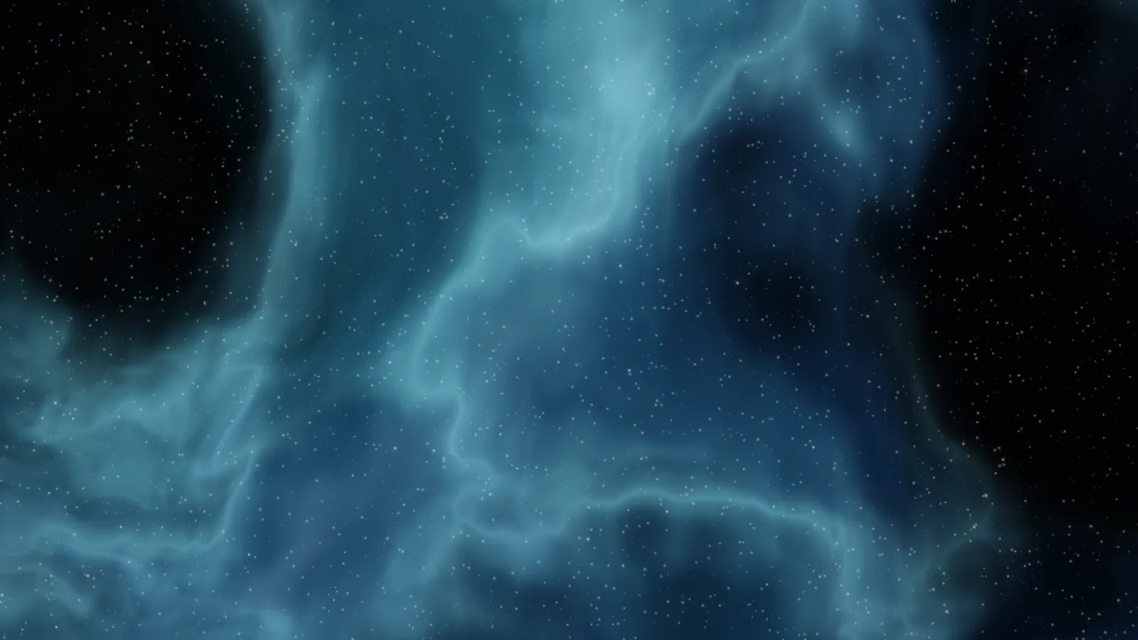 Nebula in teal: glowing blue-green gas with bright aqua filaments curling through it, a round black void at upper left and another dark region at right, and a field of small white stars.