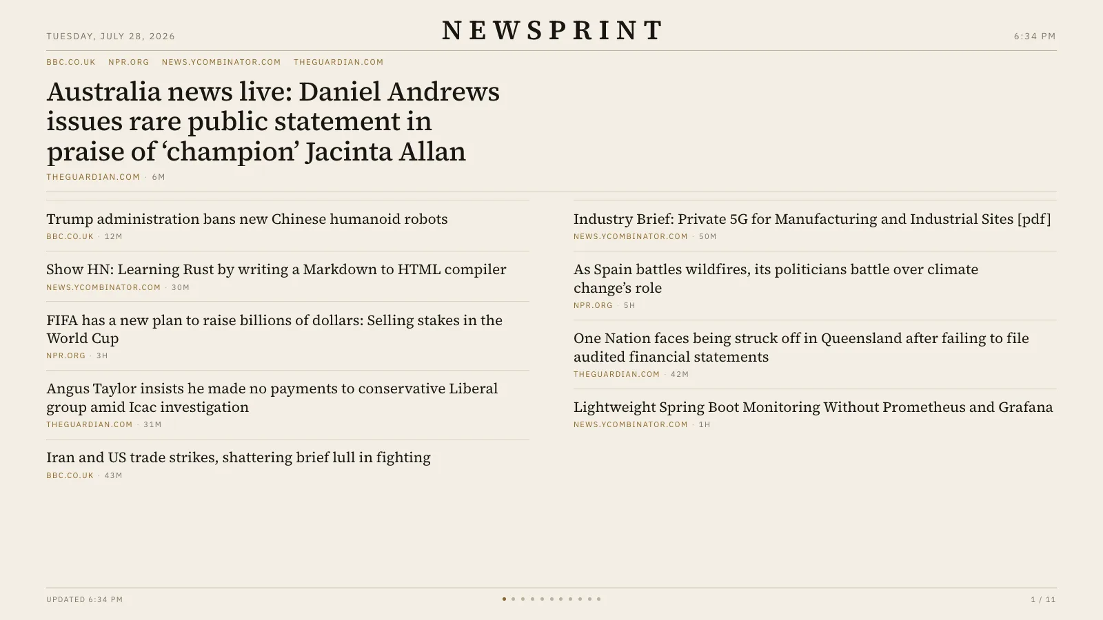 Newsprint paper theme: the day's headlines set in a broadsheet-style typographic layout on a warm off-white background.