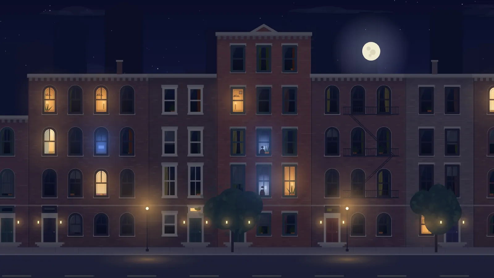 Night Windows, brownstone, at two in the morning: the same brick block under a dark starry sky and a bright moon, almost every window dark, with a few amber lamps and two windows lit blue by a television.