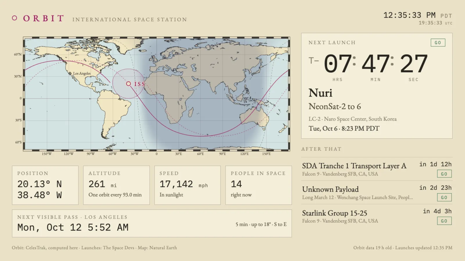 Orbit on the chart theme: a cream-coloured nautical-style world map with the ISS marked in magenta and the night side shaded blue-grey, the same readouts and next-launch countdown in dark ink on paper.