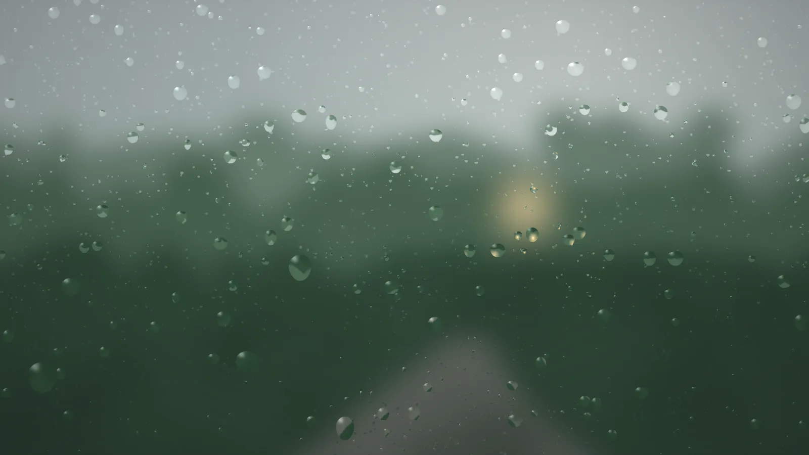 Pane looking out on the forest scene: a fogged grey-green view of dark trees, a pale sky, a warm glow at the centre and a path running toward the bottom, with round drops of many sizes on the glass, each holding a small bright copy of the view.