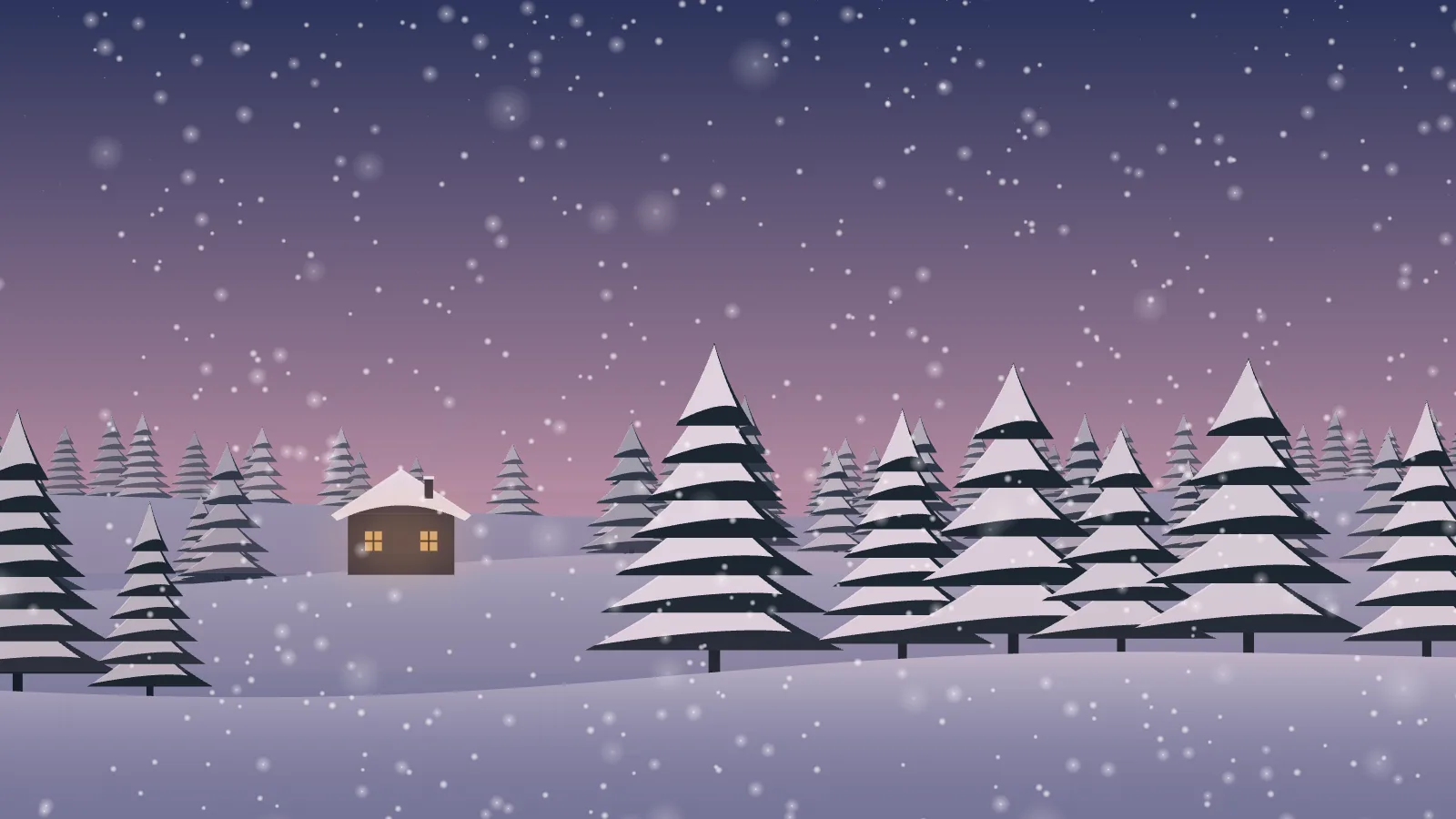 Snowfall at dusk: a sky shading from violet at the top to rose at the horizon behind the same pines and drifts, the cabin’s windows glowing amber, and flakes of several sizes coming down.