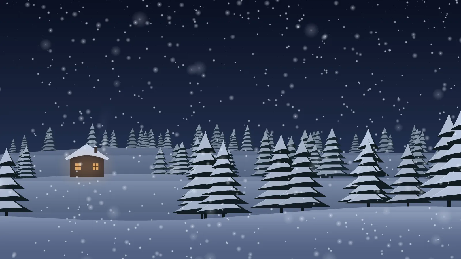Snowfall at night: a deep navy sky full of falling flakes over snow-laden pines and white drifts, a small cabin on the left with two warm lit windows, and large soft out-of-focus flakes in the foreground.