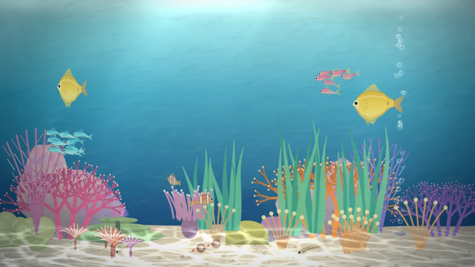 Tank, reef: a bright blue marine aquarium with two yellow tangs, schools of small blue and pink fish, a pair of clownfish by an anemone, branching pink, orange and purple coral, and green grass over pale sand.