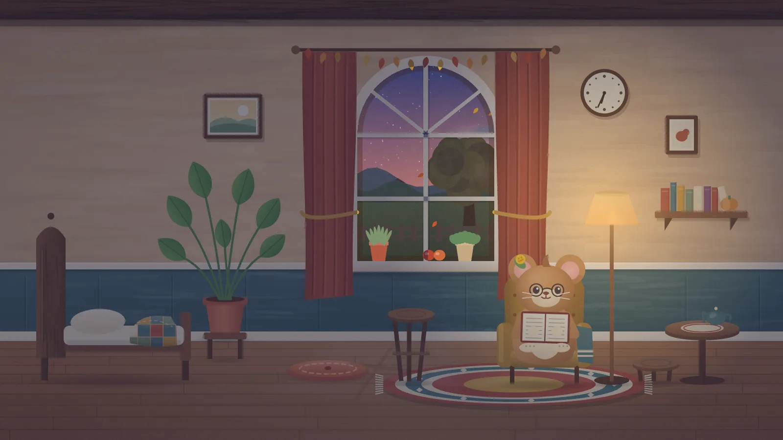 Tansy in the evening: a small round-eared mouse-like creature in glasses reading a book in a yellow armchair, a floor lamp lit beside it, an arched window showing a purple dusk sky over autumn hills, red curtains and a wall clock.