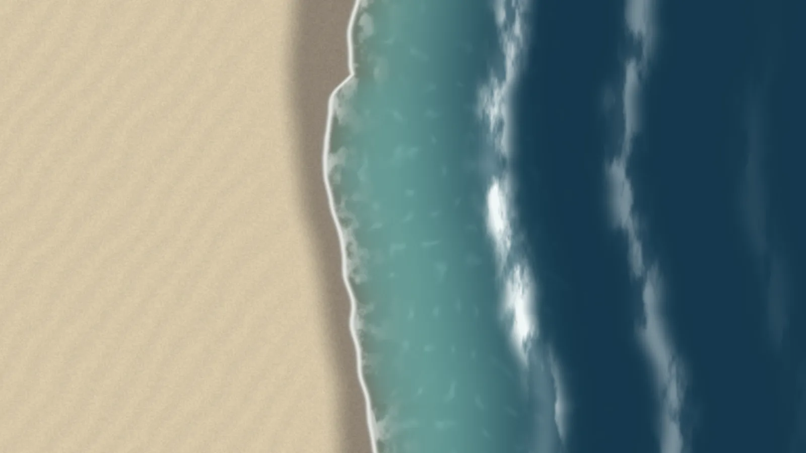 Tide with the temperate colours: the same pale sand and foam line, with muted teal shallows and a deep navy sea beyond, swell lines showing as thin pale streaks.