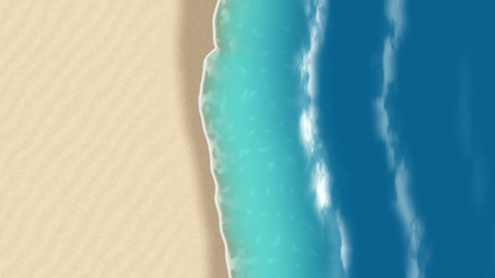 Tide with the tropical colours: pale sand on the left, a white foam line along a wavering shoreline, bright turquoise shallows, and deeper blue water to the right crossed by pale swell lines.