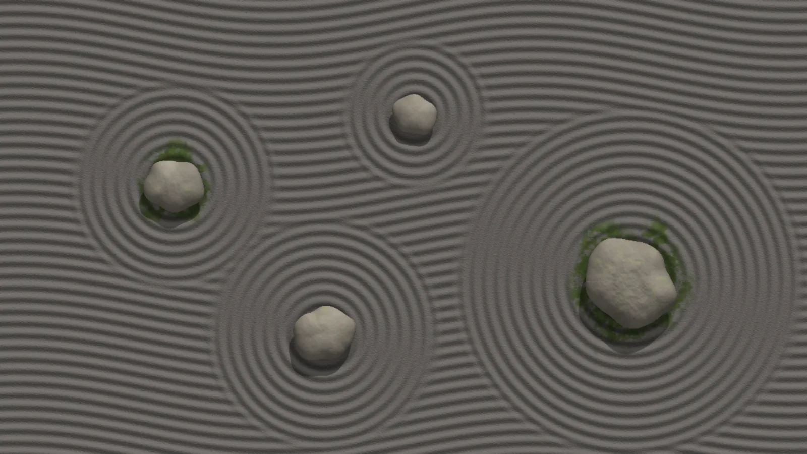 Zen on dark sand: four stones of different sizes, two of them with green moss collars, each surrounded by concentric rings, in a garden of grey sand raked into gently wavy horizontal furrows.