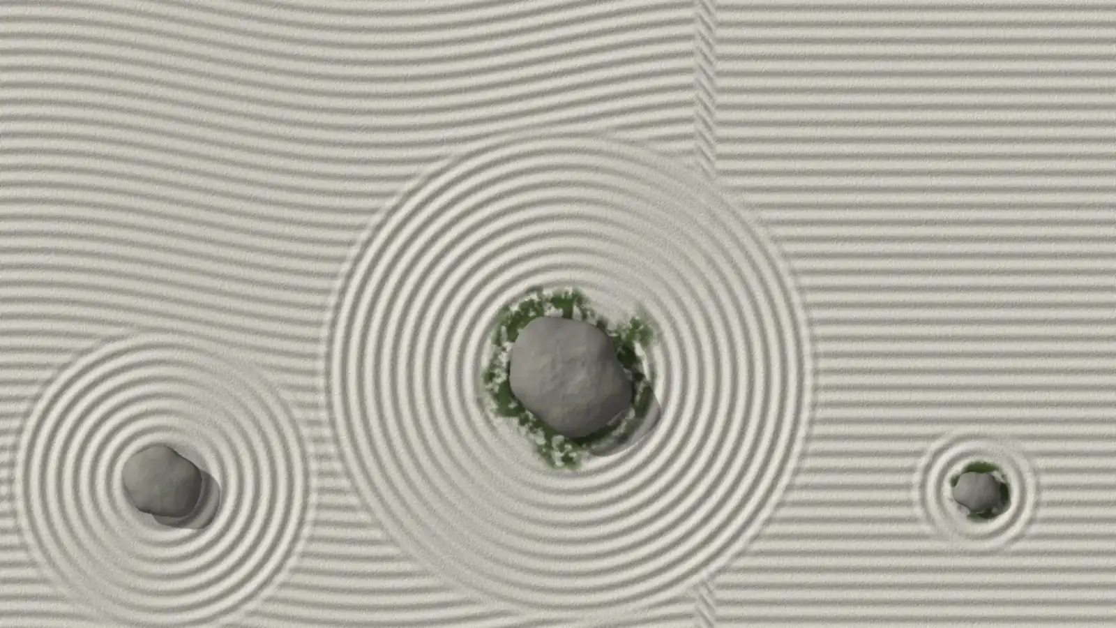 Zen on pale sand: three stones — a large one with a moss collar at the centre, a smaller one at left and a tiny one at right — each ringed by concentric rings, with gently curved furrows on the left meeting straight ones at a vertical seam near the right edge.