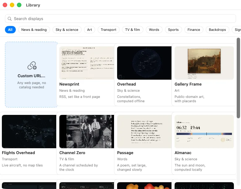The LivingKiosk for Mac Library window: a search box, category filters, a Custom URL tile, and a grid of displays including Newsprint, Overhead, Gallery Frame, Flights Overhead, Channel Zero, Passage and Almanac.